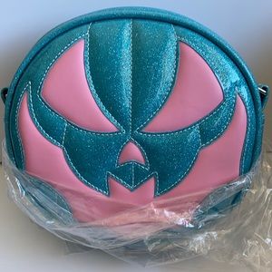 New Handcrafted Love Pain and Stitches Blue And Pink Batmouth crossbody bag